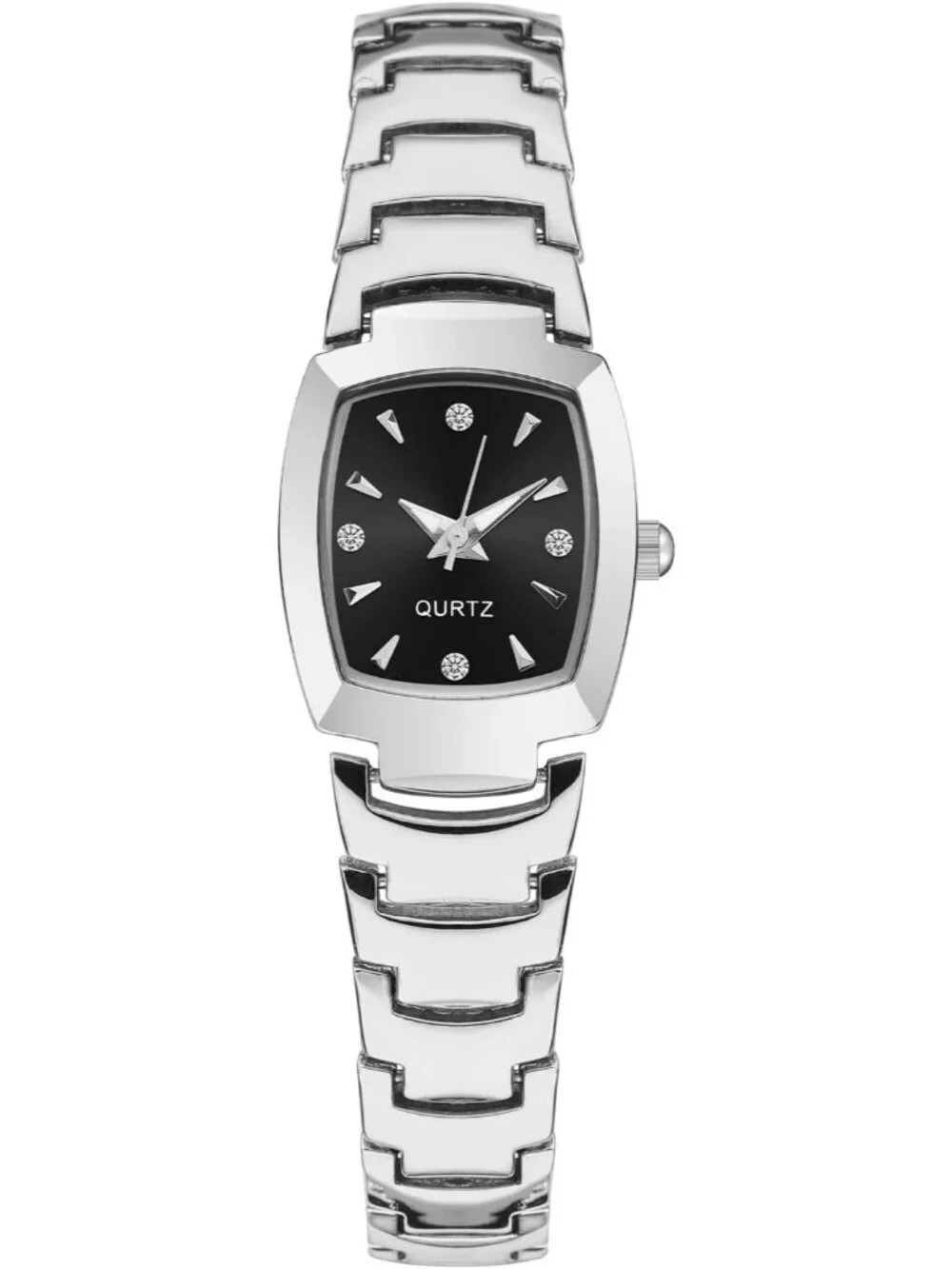 Women's Silver Black Analog Steel Dainty Rectangle Waterproof Square Wrist Watch